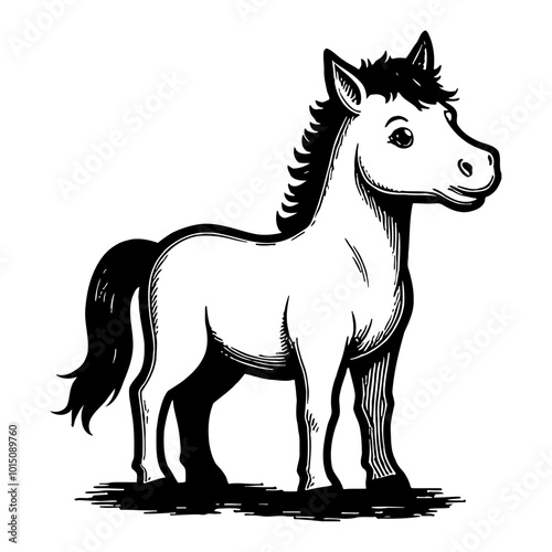 Cute Baby Horse in Detailed Black and White Hand Drawn Vintage Illustration Style