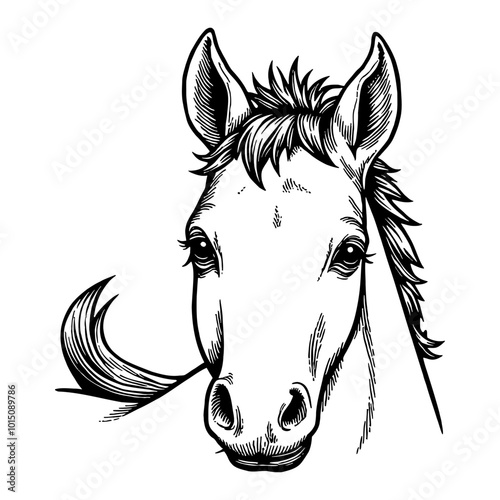 Detailed Hand Drawn Illustration of a Cute Baby Horse Head in Black and White Retro Design photo