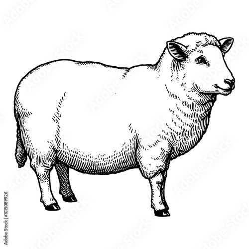 Cute Baby Sheep Side View Detailed Black and White Vintage Hand Drawn Illustration Art