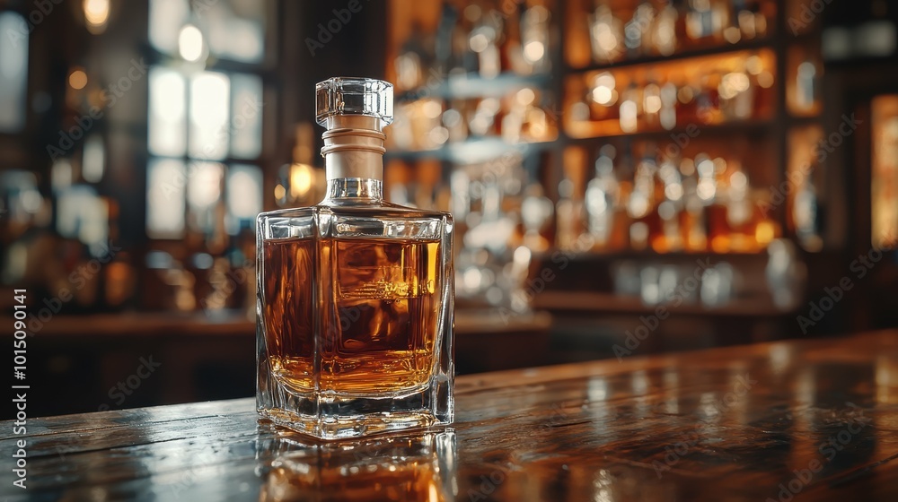 Premium whiskey bottle and glass with a softly blurred vintage bar background Premium whiskey bottle and glass with a softly blurred vintage bar background