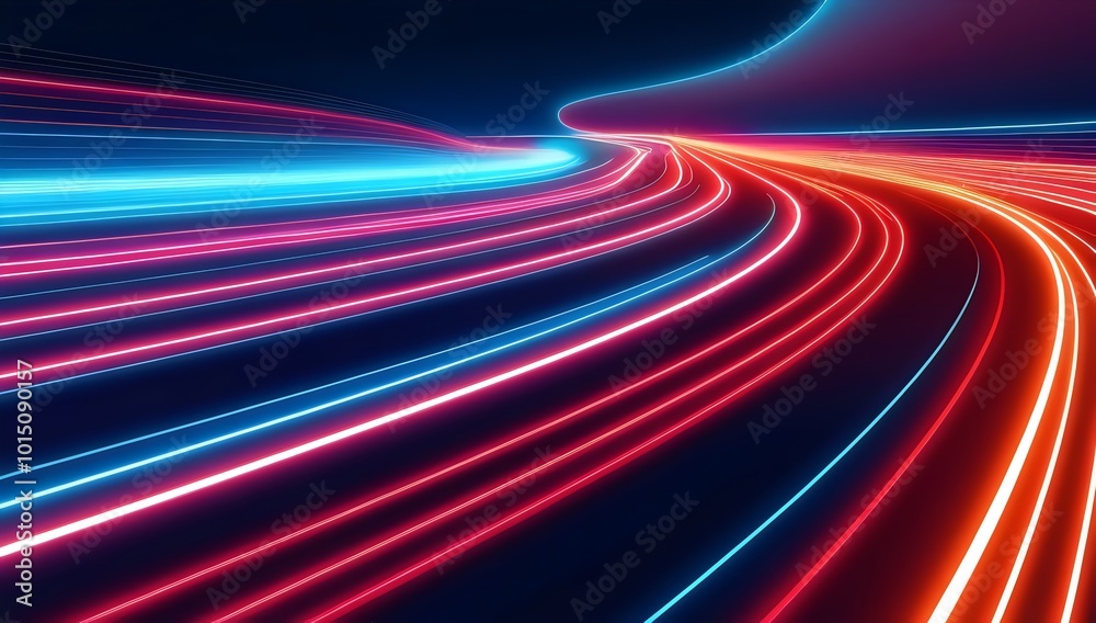 Neon road lit with speed, where the light forms abstract laser traces from the movement of cars. LED curves become fast, glowing strips—a perfect template for futuristic design Neon road lit with speed, where the light forms abstract laser traces from the movement of cars. LED curves become fast, glowing strips—a perfect template for futuristic design