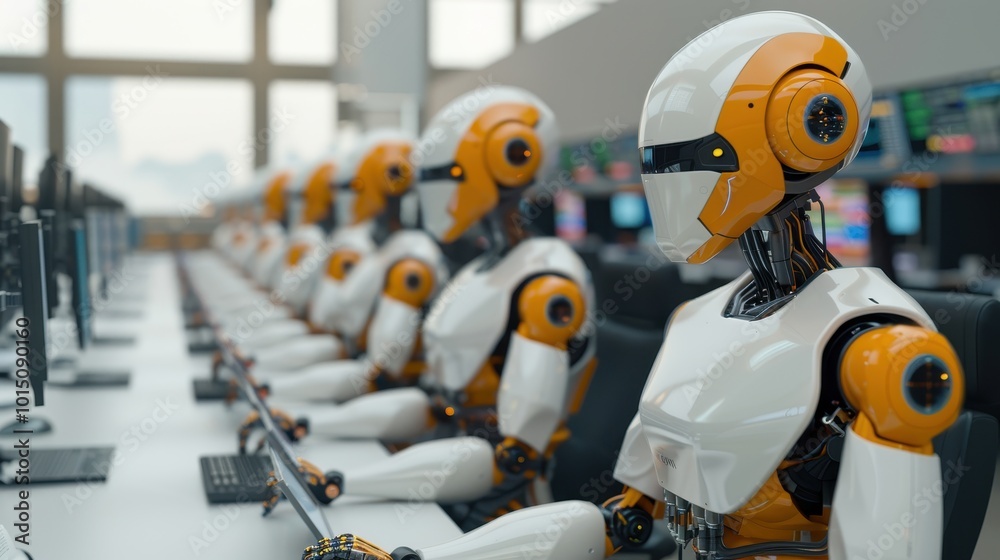 A row of humanoid robots working on computers in an office setting. A row of humanoid robots working on computers in an office setting.