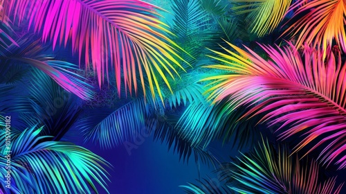 Vibrant tropical palm leaves in hues of pink, purple, and blue, creating a lively and colorful backdrop.