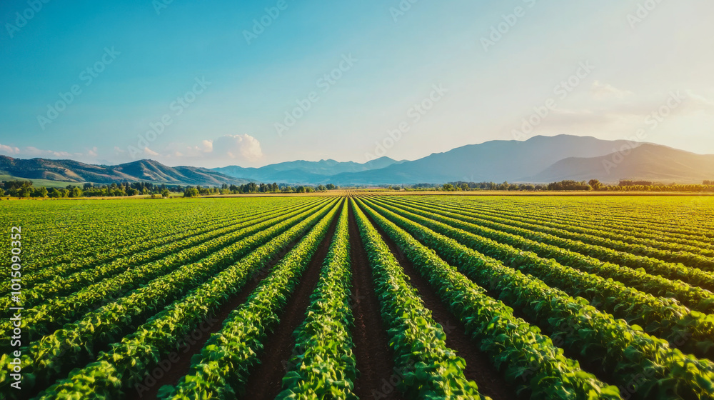 Lush green fields of crops stretch across the valley under a bright blue sky in mid-afternoon sunlight Lush green fields of crops stretch across the valley under a bright blue sky in mid-afternoon sunlight