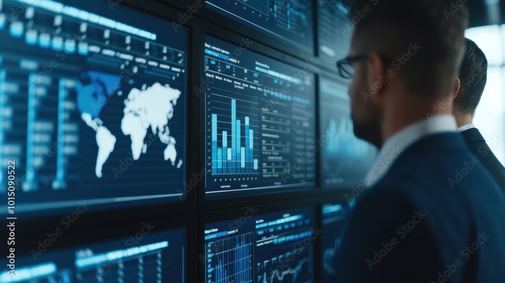 Two Businessmen Analyzing Data on Multiple Monitors Two Businessmen Analyzing Data on Multiple Monitors