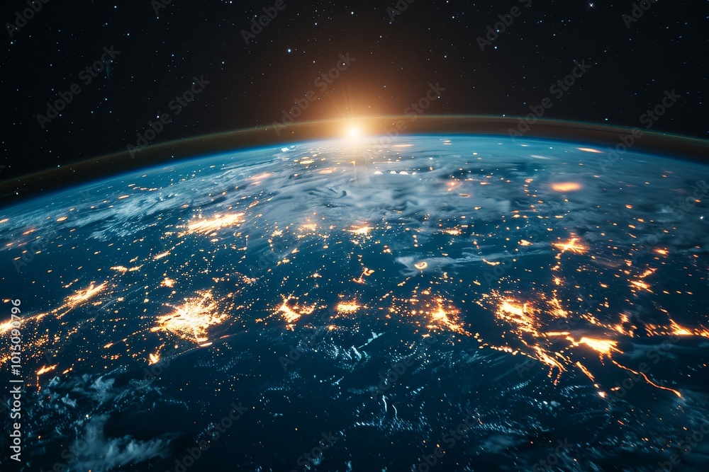 Obraz premium Wide shot of Earth from space showcasing glowing connections between cities, with a network grid of white lines illustrating global connectivity against a starry background.