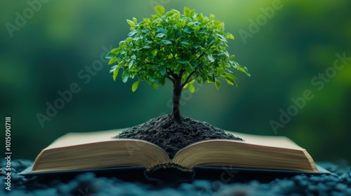 Growth mindset tree branches sprouting from an open book, soft green backdrop