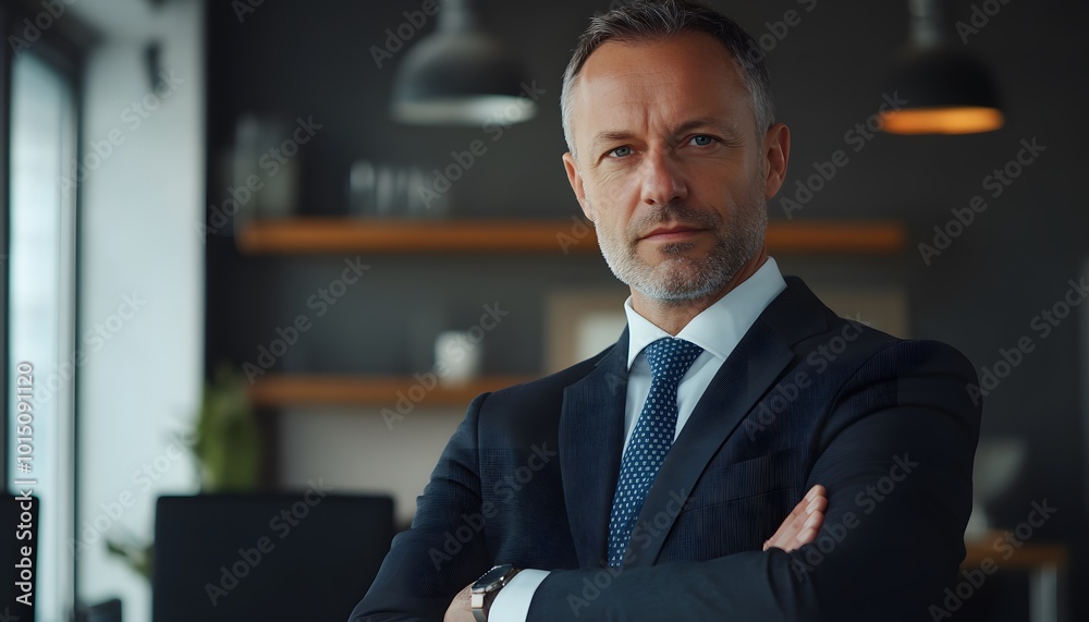 Confident Businessman with Arms Crossed in Office Setting Confident Businessman with Arms Crossed in Office Setting