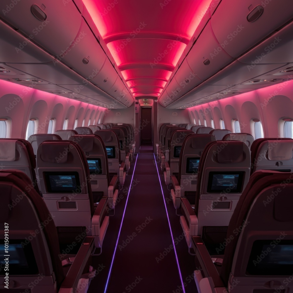 Fototapeta premium Generous cabin area featuring modern interior decor, comfortable seating, and bright lighting. Spacious, modern aircraft interior with comfortable seats and bright cabin lighting.