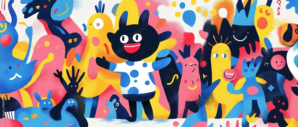 Panoramic illustration of a baby leading a parade of playful anthropomorphized shapes and figures in a joyful celebration