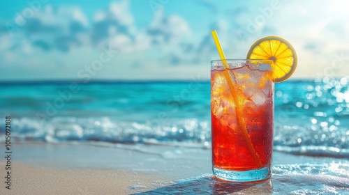 Refreshing summer cocktail with a blurred beach background, vibrant colors and elegant glass