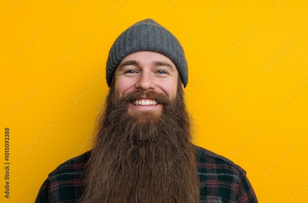 Lumberjack wearing beanie smiling on yellow background Lumberjack wearing beanie smiling on yellow background