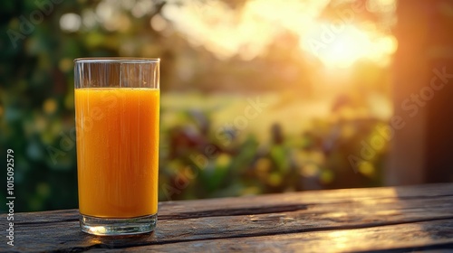 Freshly squeezed juice in a chilled glass with a soft, blurred farm background