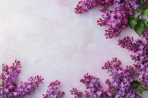 Purple and pink lilac flowers creating frame on pink background