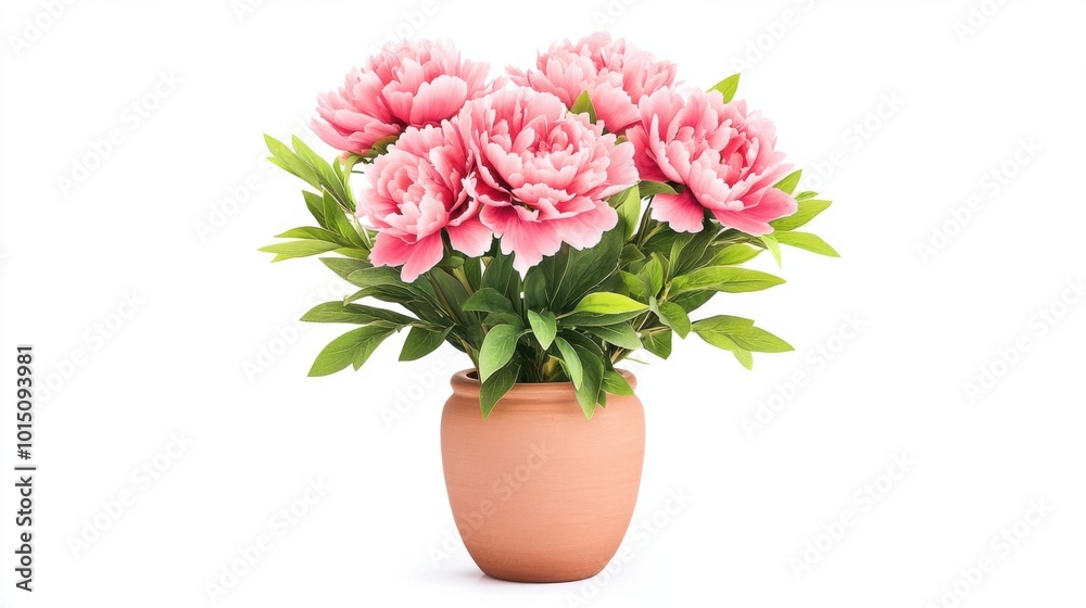 Pink peonies in a pot, white isolate background Pink peonies in a pot, white isolate background