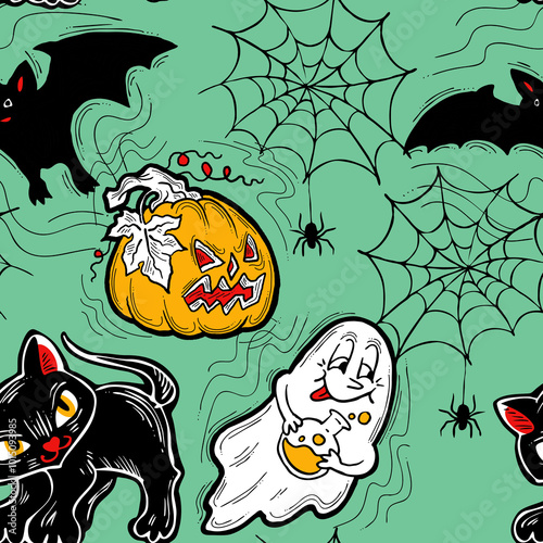 Halloween seamless pattern with pumpkin, ghost, bat. Decoration for party celebration, fabric print. textile design, backdrop and background, wrapping paper, scrapbooking. Hand drawn cartoon character
