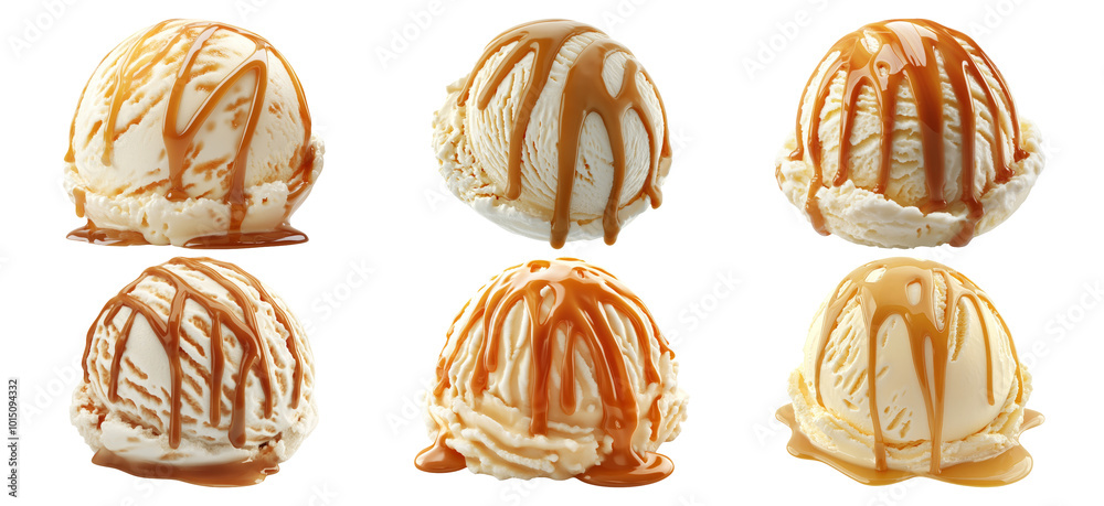 Creamy ice cream scoops with caramel drizzle Creamy ice cream scoops with caramel drizzle