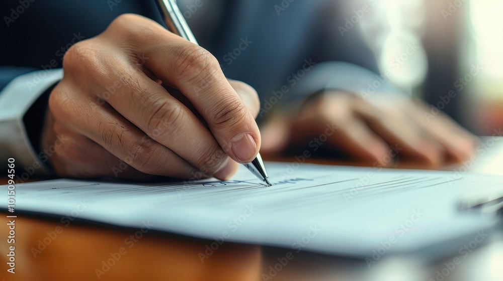 Close-up of a hand signing a document with a silver pen Close-up of a hand signing a document with a silver pen
