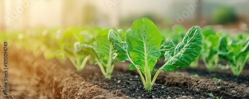 Close-up of a Single Green Plant Growing in Soil photo