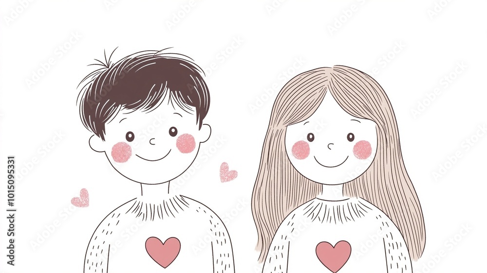 Valentine's Day theme.Minimalistic drawing of a cute boy and girl with smiling faces and rosy cheeks. They both wear sweaters with hearts, and small heart shapes float between them. Valentine's Day theme.Minimalistic drawing of a cute boy and girl with smiling faces and rosy cheeks. They both wear sweaters with hearts, and small heart shapes float between them.