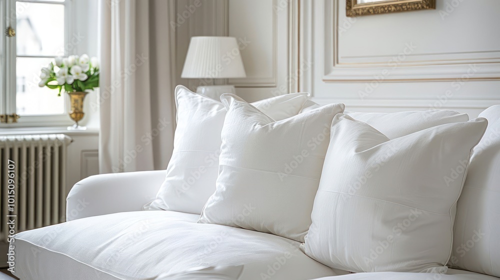 White couch with pillows in a contemporary living room. White couch with pillows in a contemporary living room.