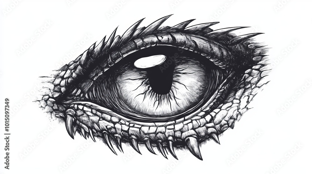 Obraz premium Monochrome Dragon and Dinosaur Eye Tattoo Design: A Realistic Sketch of a Mythical Creature's Pupil for T-Shirt Prints