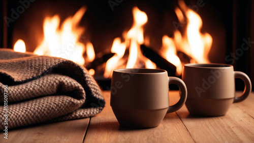 ?ozy close-up of mugs and woolen blanket by a glowing fireplace photo