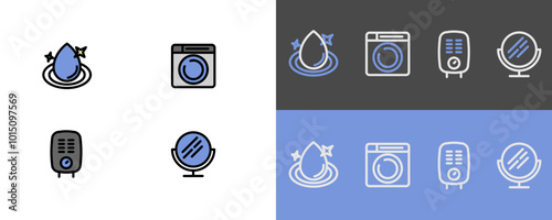 Hygiene symbols - modern clean water, wash machine, water heater and bathroom mirror icons - filled and stroke icons