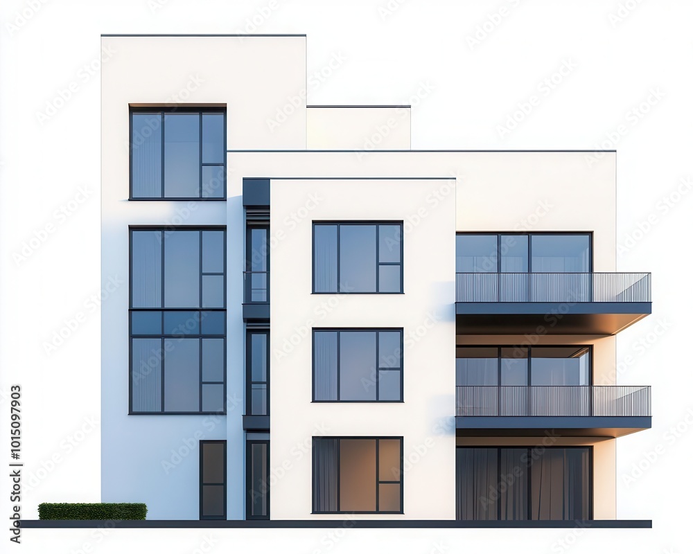 Minimalist apartment building blueprint with sleek glass facades and clean rectangular shapes, Contemporary architecture, detailed, crisp lines