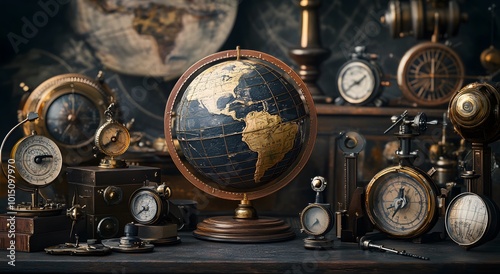 A collection of vintage-style globe models arranged on an antique table with various old-fashioned gadgets such as compasses and light bulbs. Focus on the Earth's surface in bright colors