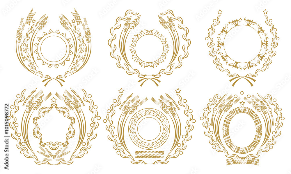 Obraz premium Six golden wreaths with various stylized plants and other decorative elements. Vector collection