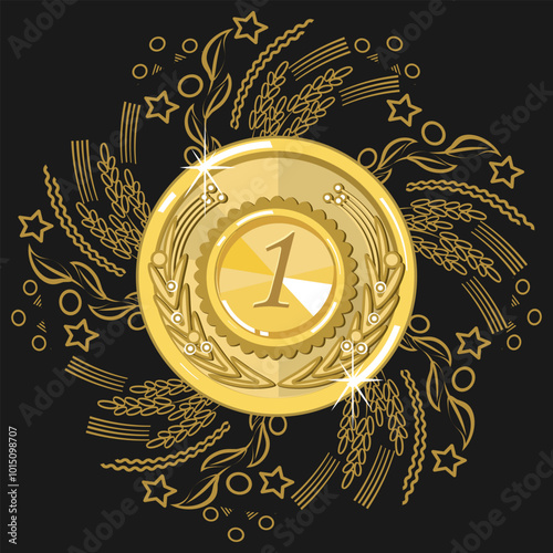 Large gold medal framed by a wreath of stylized plant elements. Version 4. Vector illustration