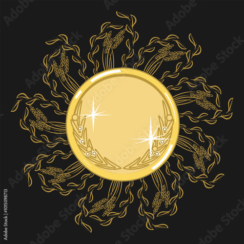  Large gold medal framed by a wreath of stylized plant elements. Version 2. Vector illustration