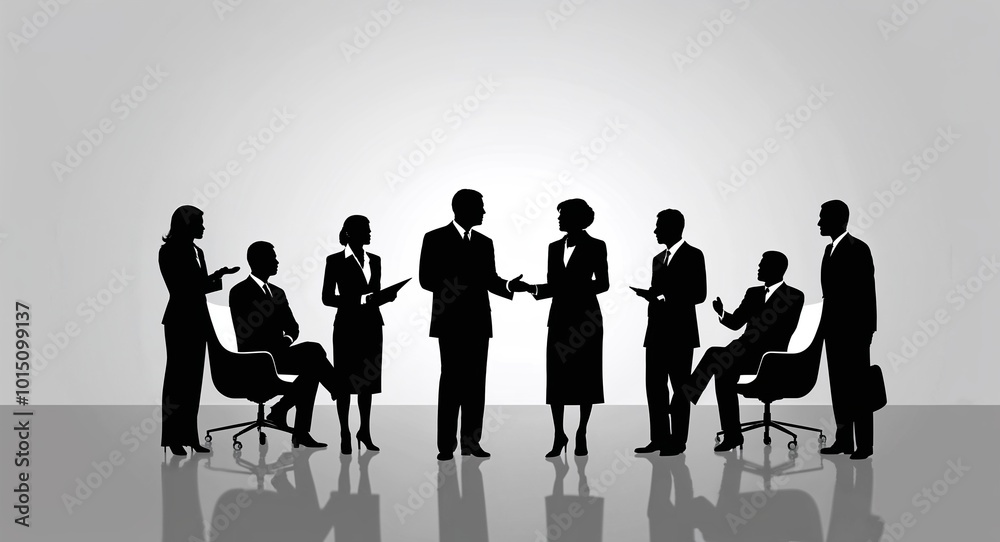 Silhouette of a business team meeting on a plain white background. Silhouette of a business team meeting on a plain white background.