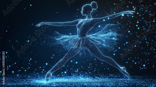 A graceful holographic ballet dancer performing an elegant routine amidst shimmering particles in a dark environment
