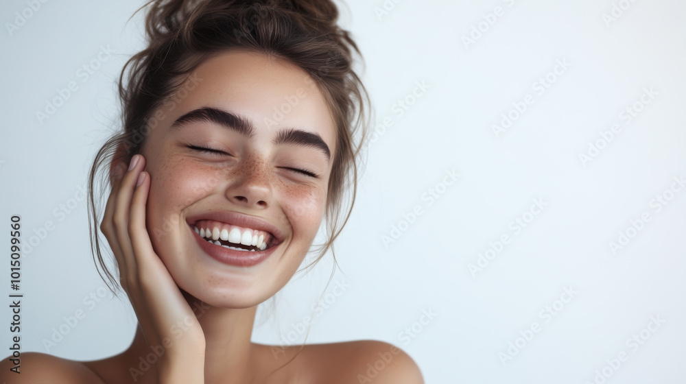 Smiling young woman holds her face, enjoying a moment of happiness in a bright, minimalistic indoor setting Smiling young woman holds her face, enjoying a moment of happiness in a bright, minimalistic indoor setting