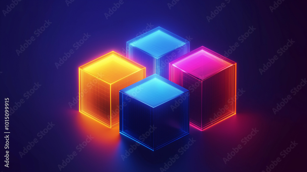 Brightly illuminated neon cubes arranged in a dynamic pattern against a dark background at night Brightly illuminated neon cubes arranged in a dynamic pattern against a dark background at night