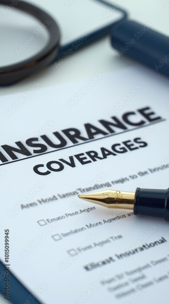 Insurance coverage report document with pen and magnifying glass Insurance coverage report document with pen and magnifying glass