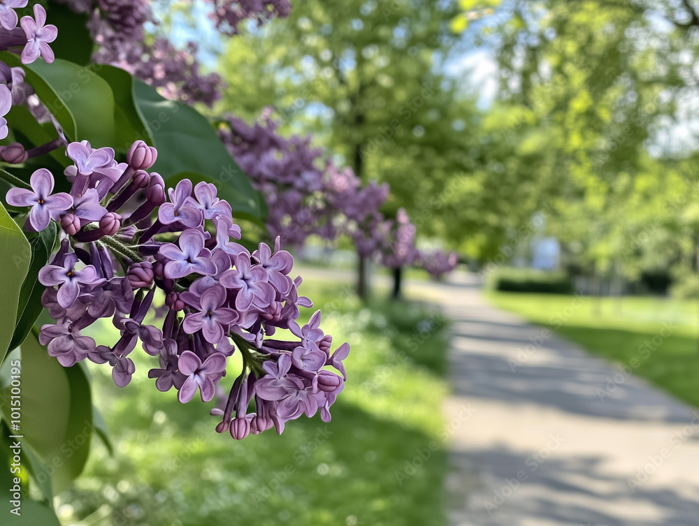 Obraz premium Lilac flowers blooming along sunny park pathway