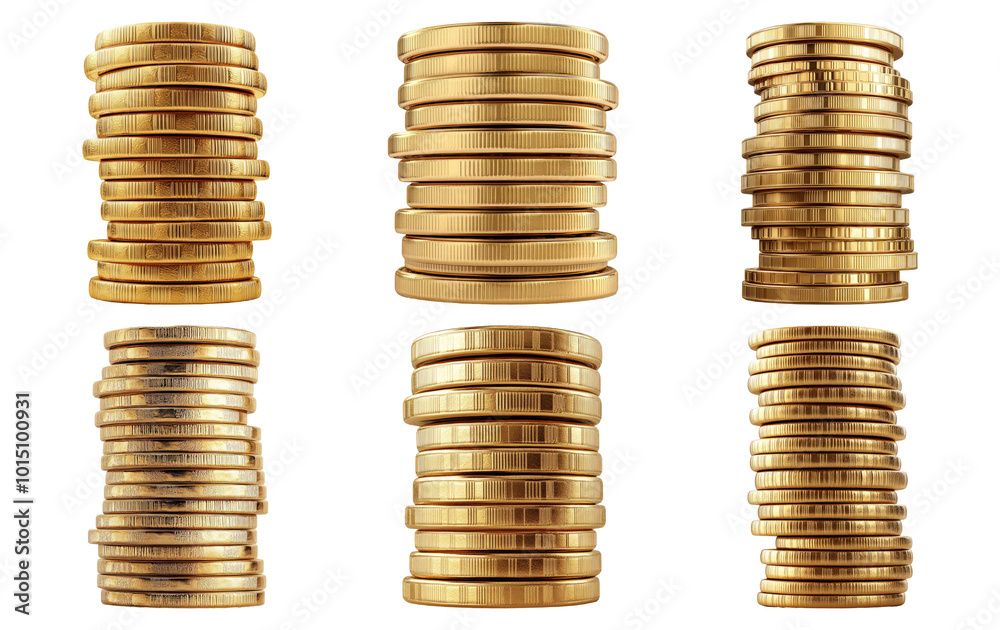 Stacks of gold coins in varying heights isolated on transparent background Stacks of gold coins in varying heights isolated on transparent background