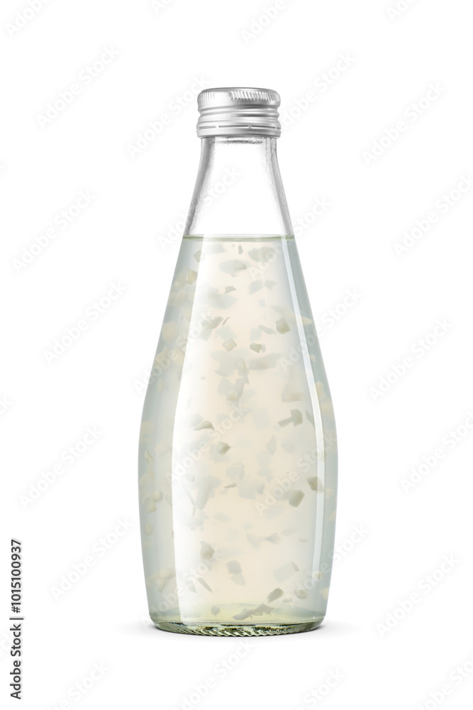 Fototapeta premium Clear bottle of juice with coconut pieces isolated. Transparent PNG image.