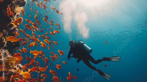 Colorful schools of fish swimming around diver. Scuba Diving in the tropical sea