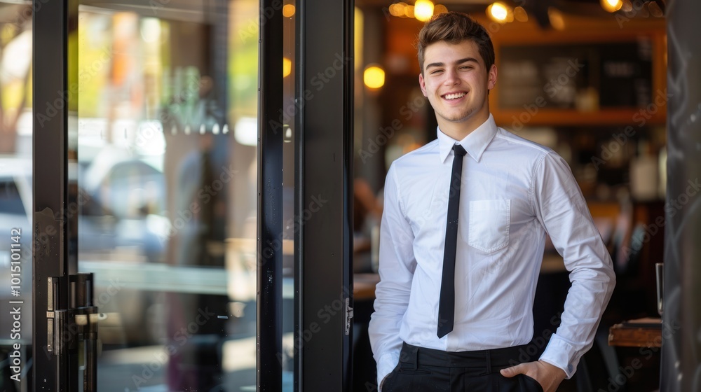 Fototapeta premium Smiling Young Man in a White Shirt and Black Tie Standing by a Glass Door
