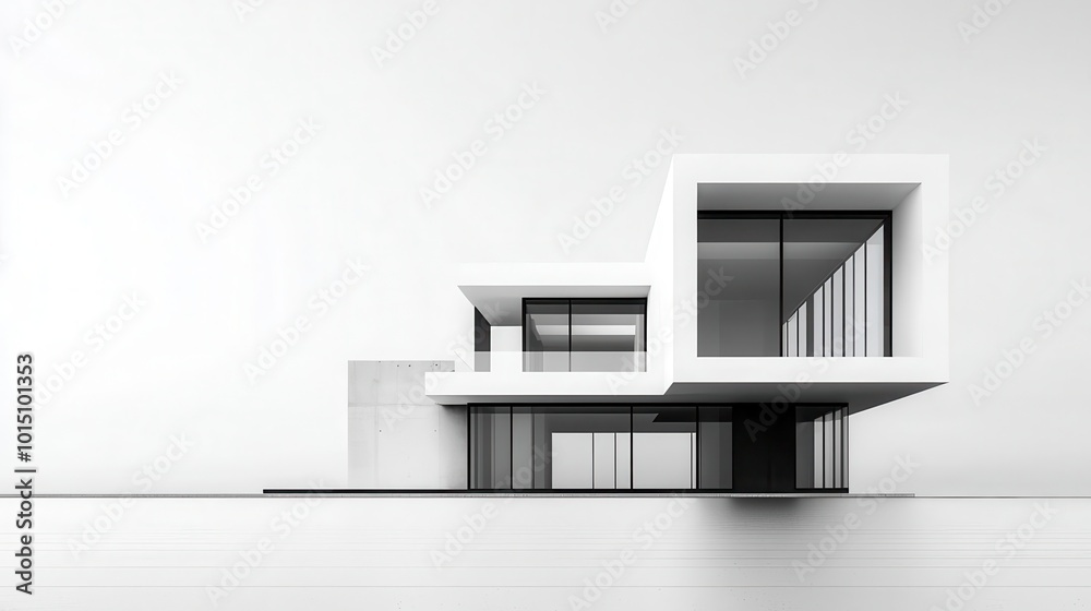 Simple building design blueprint with open spaces, smooth concrete textures, and glass walls, Modern minimalism, monochrome palette, detailed Simple building design blueprint with open spaces, smooth concrete textures, and glass walls, Modern minimalism, monochrome palette, detailed
