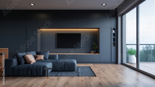 Stylish living room with dark furniture, wooden flooring, and a minimalist TV unit. Large floor-to-ceiling windows provide a view of a forested area and balcony.