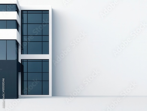 Minimalist office building blueprint with interconnected glass structures and flat roof  Modern design  monochromatic  clean and precise