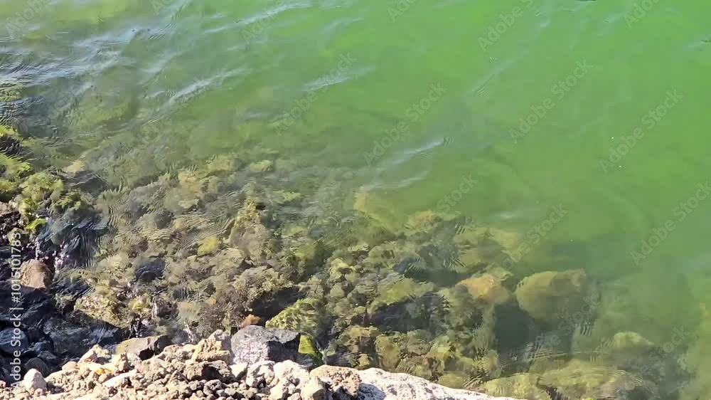 Small waves from the green lake water on the edge of the rocks Small waves from the green lake water on the edge of the rocks