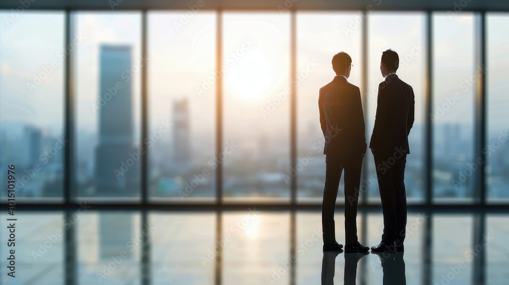 Two Silhouetted Businessmen Looking Out a Window at a Cityscape Two Silhouetted Businessmen Looking Out a Window at a Cityscape