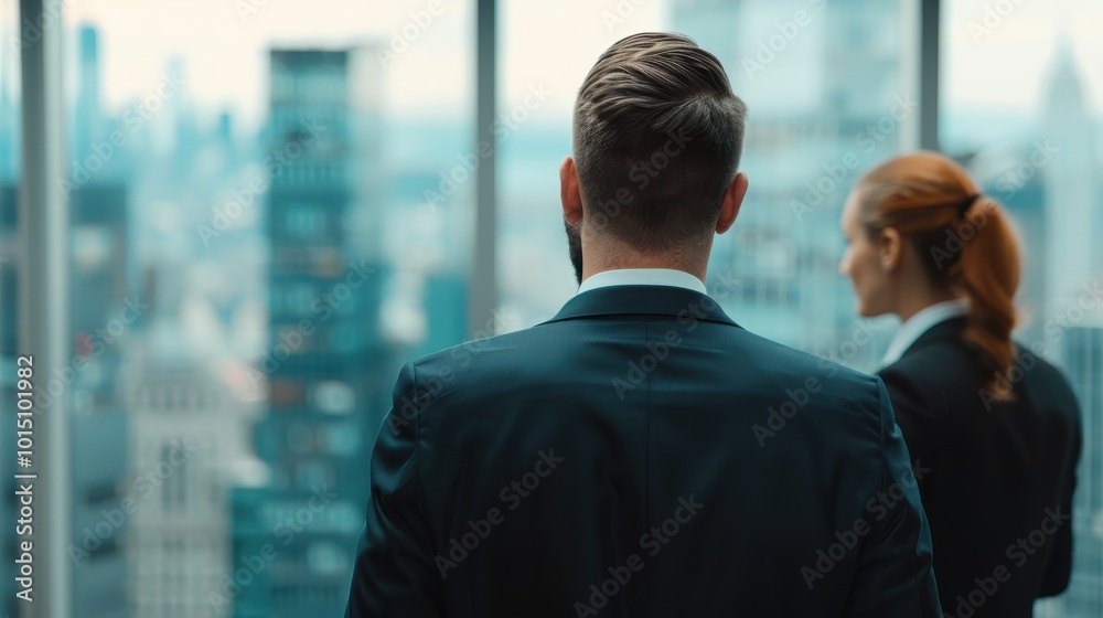 Man in Suit Looking Out Window at Cityscape Man in Suit Looking Out Window at Cityscape