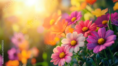 Colorful blooming flowers in a garden during golden hour, creating a vibrant and cheerful atmosphere in springtime